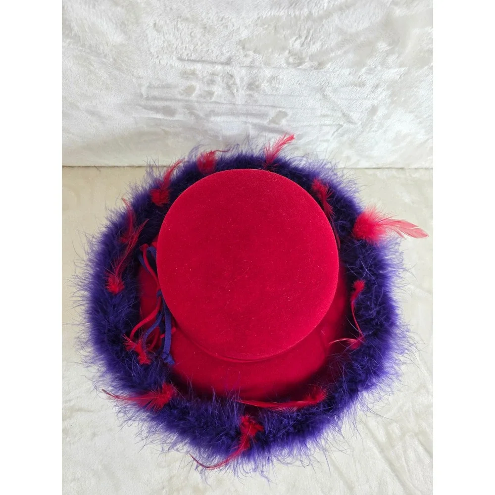 Something Special Red Wool Felt Hat Purple Feather Trim Red Hat‎ Society Cloche
